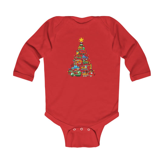 Christmas Truck Tree Onesie: Red long-sleeve baby bodysuit featuring a festive vehicle stack graphic, designed for comfort and durability with easy-change snaps and ribbed bindings.