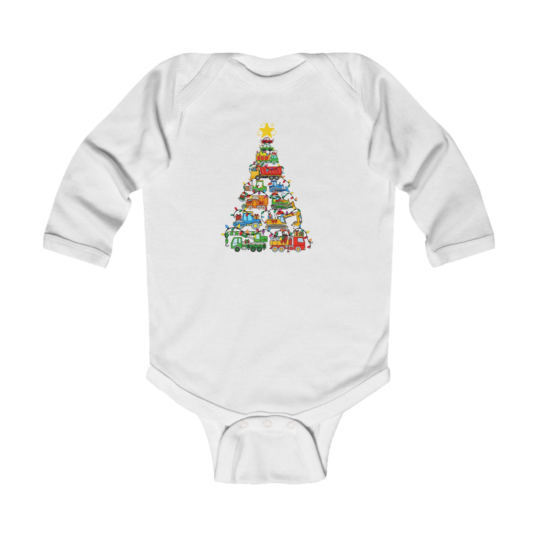Christmas Truck Tree Onesie: White, long-sleeved baby bodysuit featuring a colorful Christmas tree graphic made of stacked vehicles with holiday lights and a star.