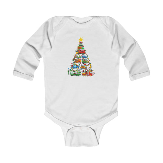 Christmas Truck Tree Onesie: White, long-sleeved baby bodysuit featuring a colorful Christmas tree graphic made of stacked vehicles with holiday lights and a star.