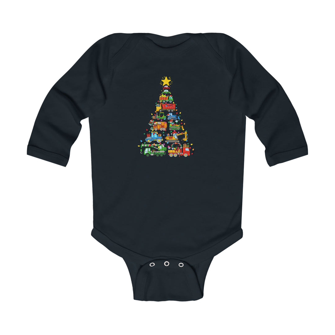 Dark-navy long-sleeve onesie featuring a Christmas tree graphic made of colorful construction trucks, ideal for babies, by Faith Family Designs.