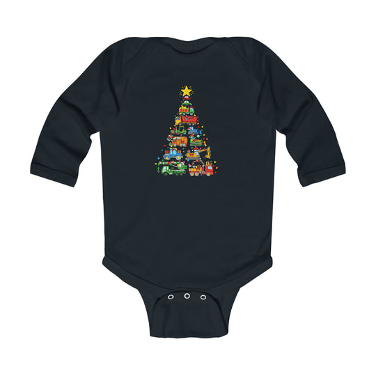 Dark-navy long-sleeve onesie featuring a Christmas tree graphic made of colorful construction trucks, ideal for babies, by Faith Family Designs.