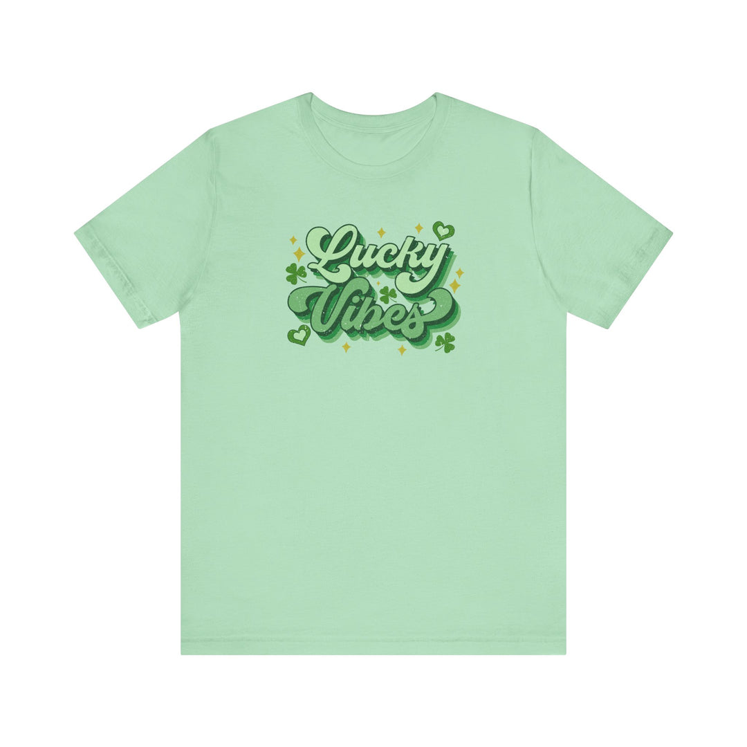 Good Day Lucky Day Tee featuring a green background with words, crafted in soft cotton with a classic unisex fit.