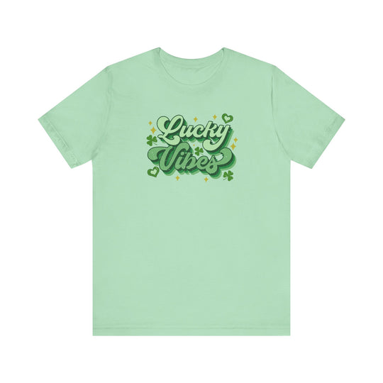 Good Day Lucky Day Tee featuring a green background with words, crafted in soft cotton with a classic unisex fit.