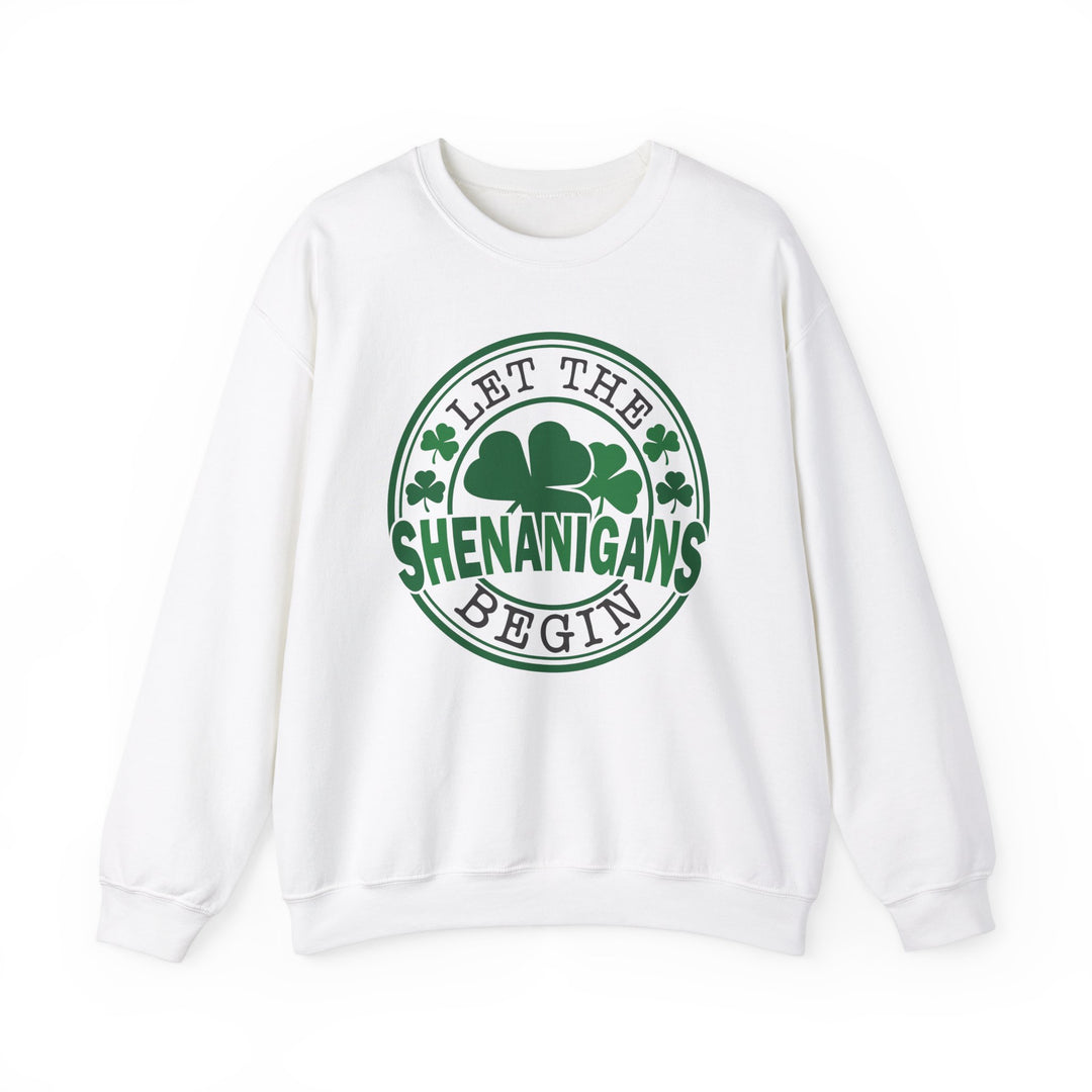 Unisex white sweatshirt with Let the Shenanigans Begin Day Crew in green, featuring a green circle with a four-leaf clover design, ideal for comfort.