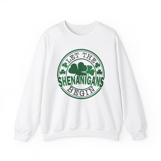 Unisex white sweatshirt with Let the Shenanigans Begin Day Crew in green, featuring a green circle with a four-leaf clover design, ideal for comfort.