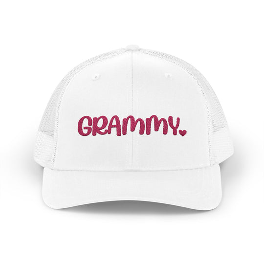 Grammy Snapback Trucker Cap with mid-profile fit, 6-panel design, pre-curved visor, adjustable snap closure, and breathable polyester mesh back.