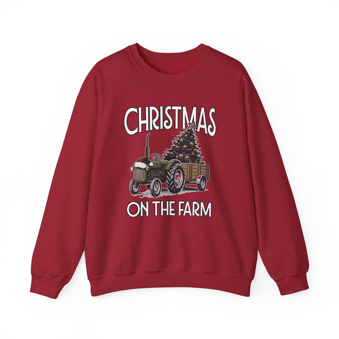Christmas on the Farm Crew sweatshirt features a vintage tractor with a Christmas tree, offering cozy comfort with its durable, cotton-polyester blend.