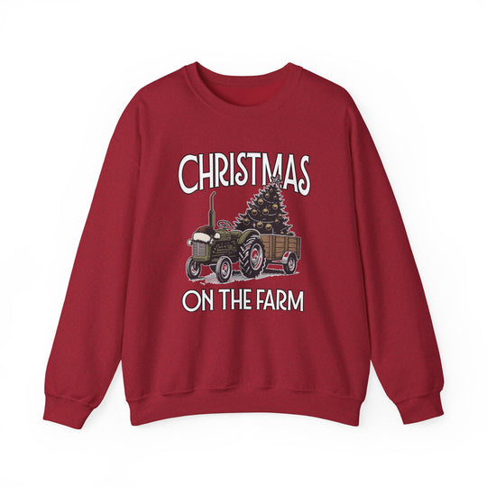 Christmas on the Farm Crew sweatshirt features a vintage tractor with a Christmas tree, offering cozy comfort with its durable, cotton-polyester blend.