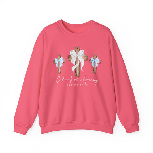 God Made Me Boy Grammy Crew sweatshirt with three wooden crosses, central cross with white bow, and scriptural quote, designed for comfort and durability.