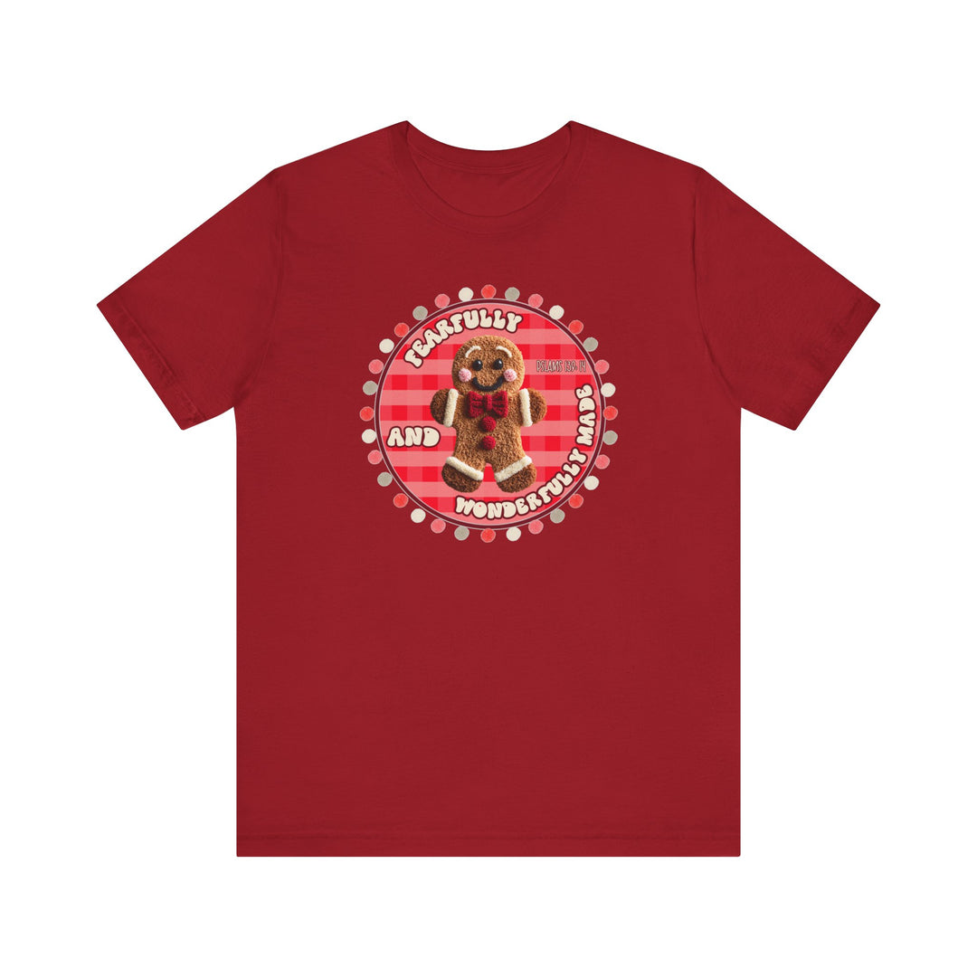 Wonderfully Made Tee featuring a smiling gingerbread-man within a checkered circle, with Fearfully and wonderfully made and Psalms 139:14 text.