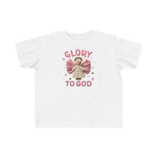 Glory to God Toddler Tee featuring a yarn-like angel with pink wings and GLORY TO GOD text; ideal softness for toddlers from Faith Family Designs.