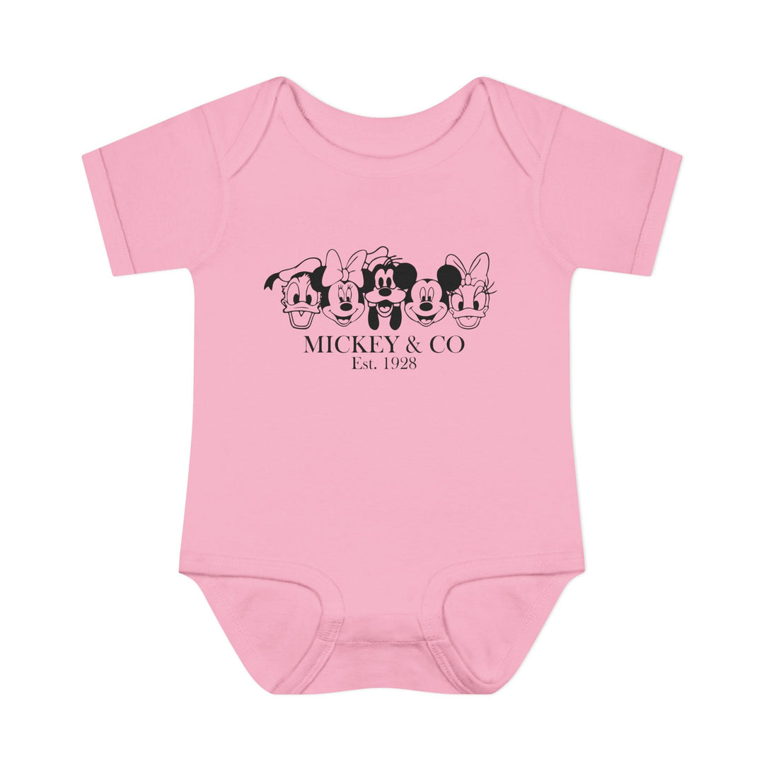 Mickey and CO Onesie featuring a soft, ring-spun cotton design with lap shoulders for easy adjustment, suitable for infants, reflecting Worlds Worst Tees' focus on unique and comfortable apparel.