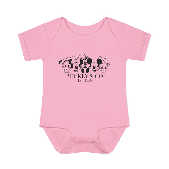 Mickey and CO Onesie featuring a soft, ring-spun cotton design with lap shoulders for easy adjustment, suitable for infants, reflecting Worlds Worst Tees' focus on unique and comfortable apparel.
