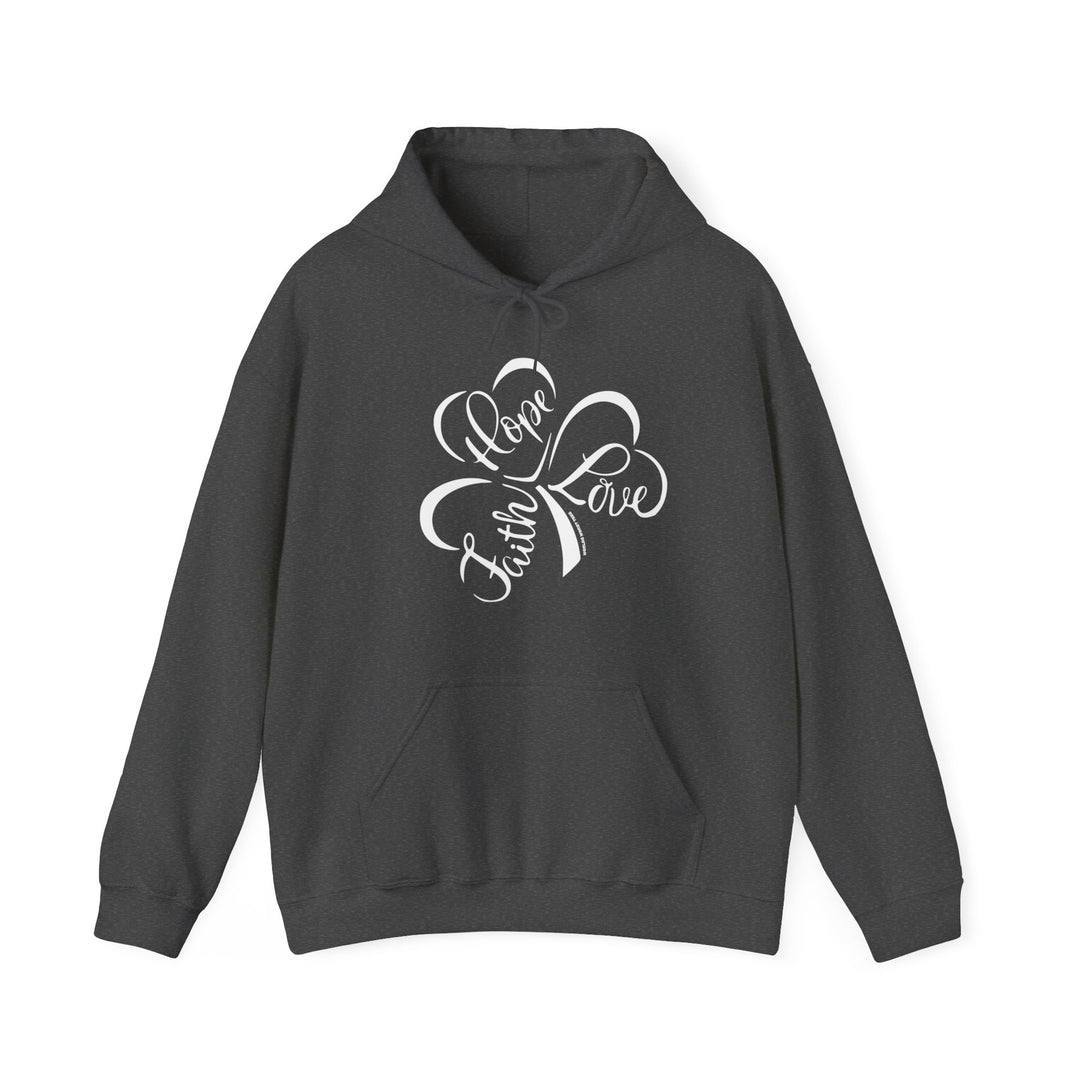 A grey unisex Faith Hope Love Hoodie with a white design, featuring a kangaroo pocket and drawstring hood. Made of cotton and polyester blend for warmth and comfort. Classic fit, tear-away label, true to size.