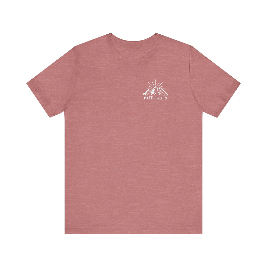 A red t-shirt featuring a mountain and sun logo, embodying the Faith Can Move Mountains Tee from Worlds Worst Tees. Unisex jersey tee with ribbed knit collar, 100% cotton, and tear away label.