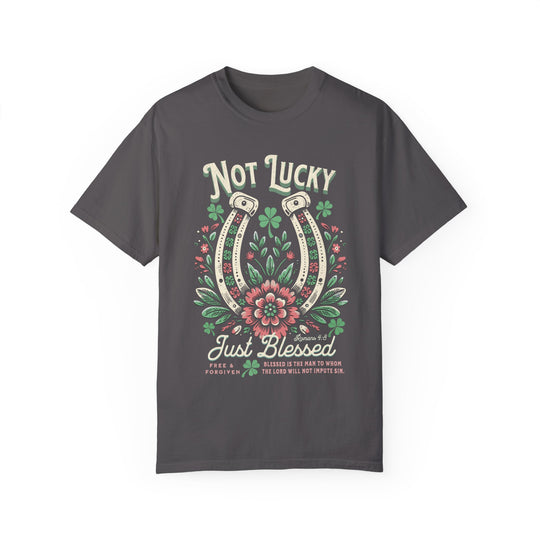 Blessed Tee: Grey t-shirt featuring a graphic design of a horseshoe with flowers, made from soft, durable ring-spun cotton for comfort and style.