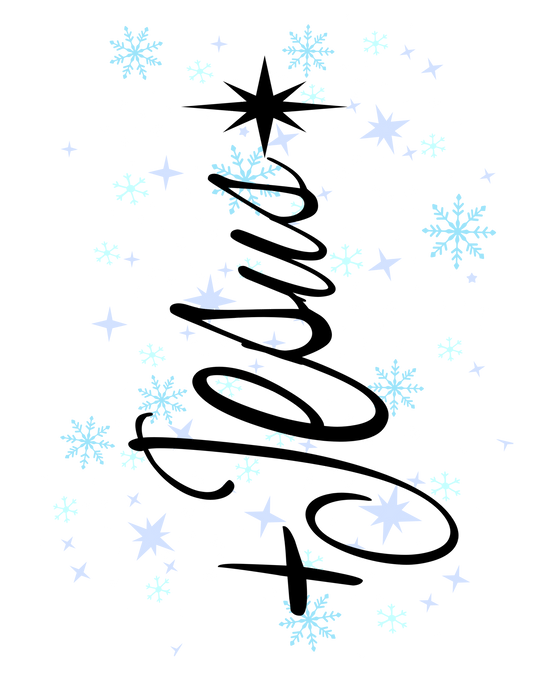 Jesus Tree Hoodie featuring a decorative pattern of light blue and white snowflakes on black, offering warmth and style with a cozy, unisex design.