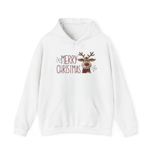 Merry Christmas Reindeer Hoodie featuring red lettering, snowflake doodles, and a cartoon reindeer in a scarf, on a white pullover with kangaroo pocket.