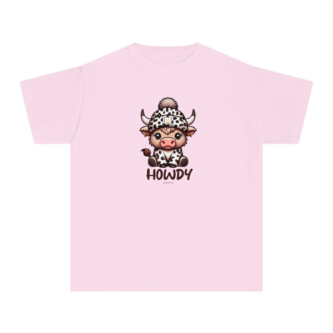 A pink kid's tee with a cartoon cow, ideal for active days. Made of soft combed cotton for comfort. Classic fit for all-day wear. From Worlds Worst Tees, the Howdy Kids Tee.