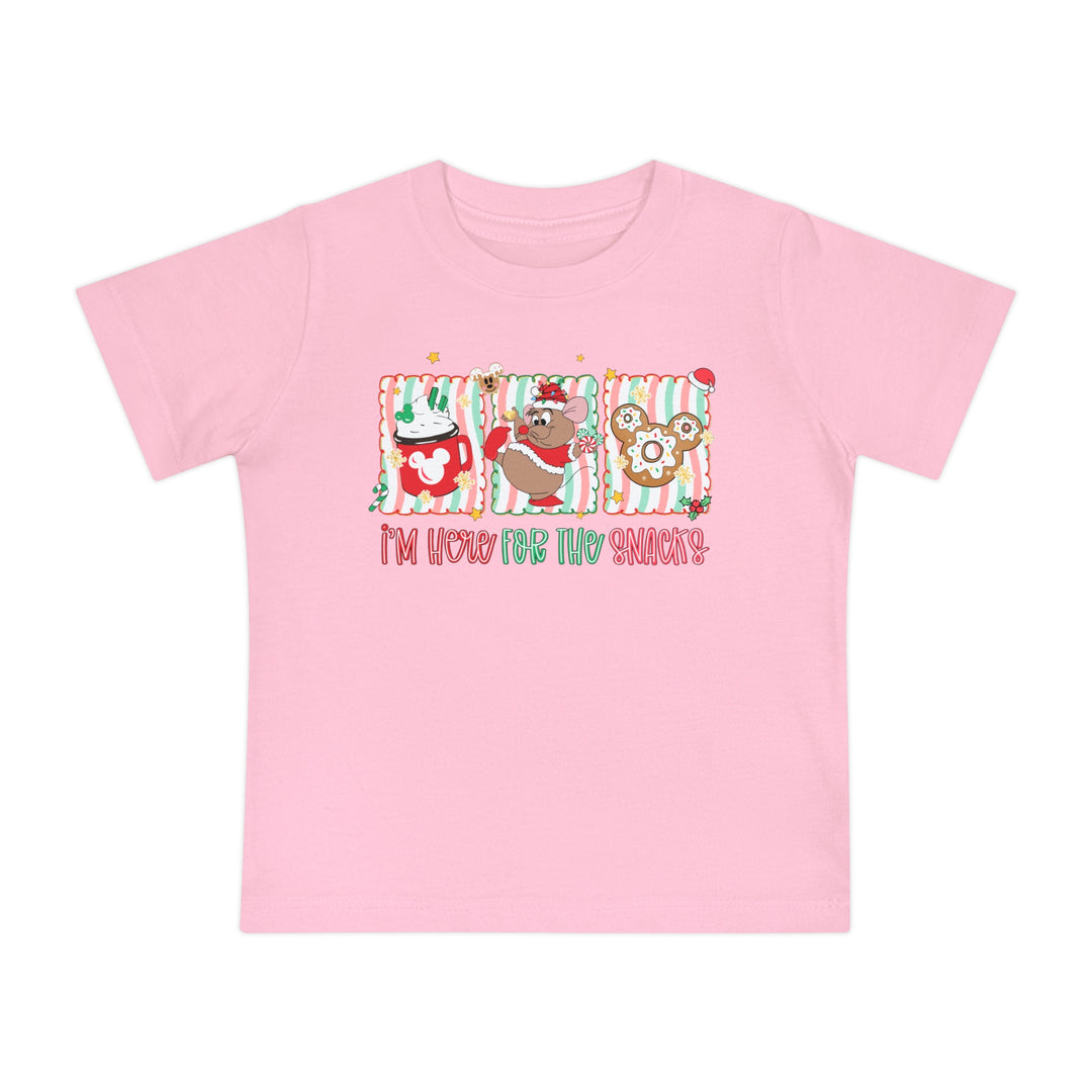 Here for the Snacks Baby Tee featuring festive cartoon prints of cocoa, a Santa mouse, and a Mickey doughnut, perfect for stylish, comfortable baby wear.