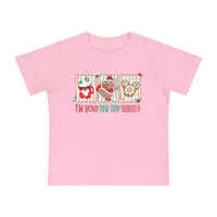 Here for the Snacks Baby Tee featuring festive cartoon prints of cocoa, a Santa mouse, and a Mickey doughnut, perfect for stylish, comfortable baby wear.