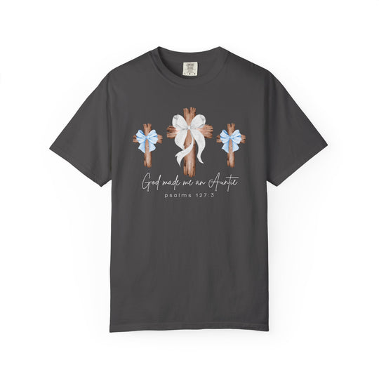 Dark-charcoal crew-neck T-shirt featuring three wooden crosses with ribbons, text God made me an Auntie, and psalms 127:3 below. Comfortable fit, durable.