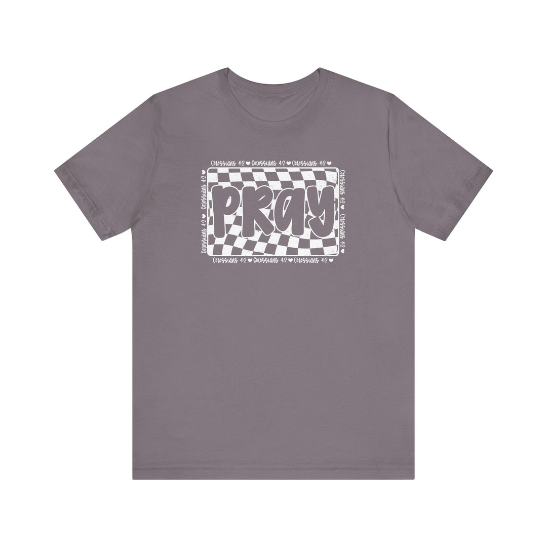 Pray Tee: A grey t-shirt featuring white text, crafted from soft cotton with ribbed knit collars and side seams for durability and a comfortable fit.