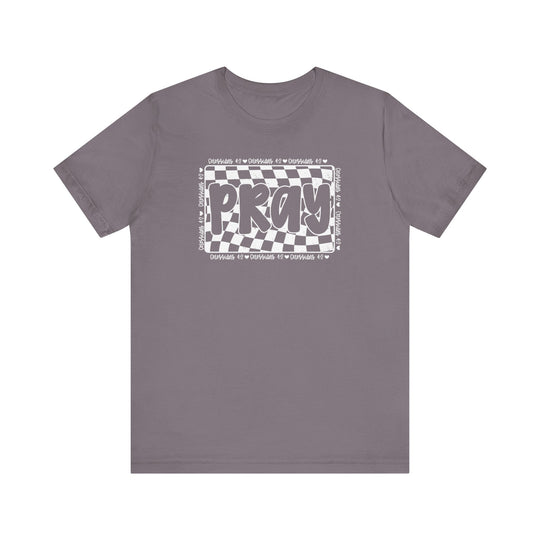 Pray Tee: A grey t-shirt featuring white text, crafted from soft cotton with ribbed knit collars and side seams for durability and a comfortable fit.