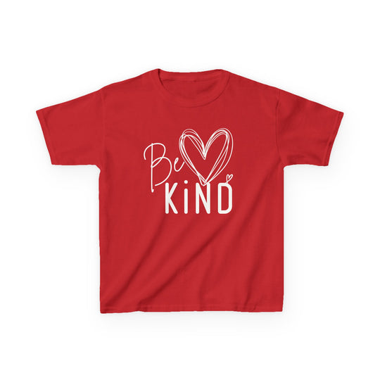 Be Kind Kids Tee: Red, short-sleeved with Be Kind in white hand-lettering and heart design, ideal for everyday wear, made from 100% cotton.