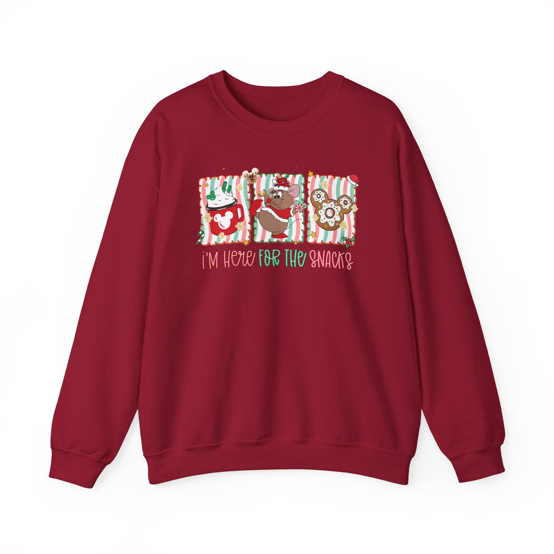 Here for the Snacks Crew: Crimson sweatshirt with holiday-themed Disney graphics, featuring a festive mug, cartoon mouse, and Mickey cookie, ideal for cozy comfort.