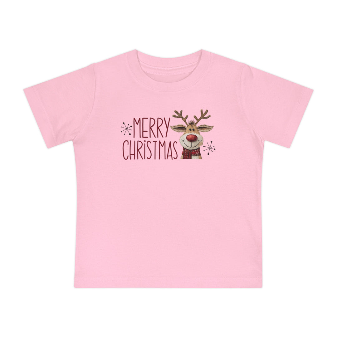 Merry Christmas Reindeer Baby Tee featuring a cartoon reindeer and festive text, crafted from soft, shrink-resistant cotton for comfort and durability.