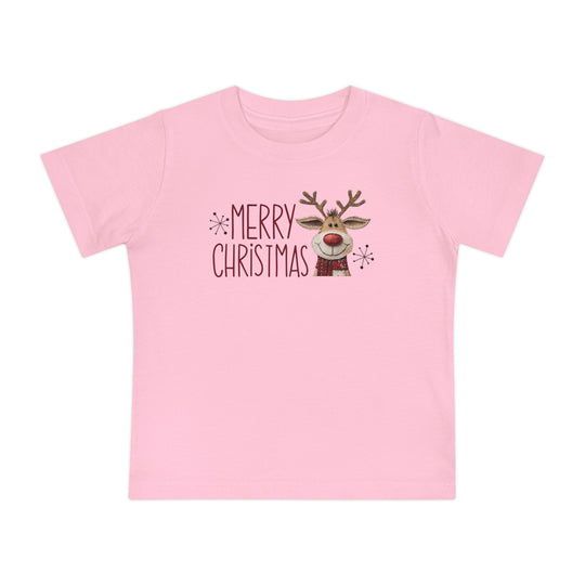 Merry Christmas Reindeer Baby Tee featuring a cartoon reindeer and festive text, crafted from soft, shrink-resistant cotton for comfort and durability.