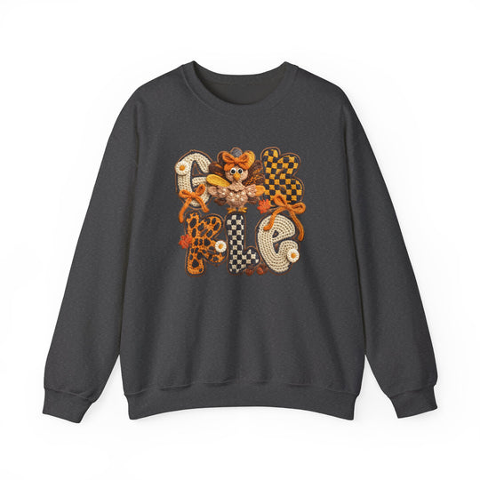 Gobble Crew sweatshirt features a whimsical Thanksgiving-themed design with patchwork letters and a cartoon turkey, perfect for cozy autumn wear.