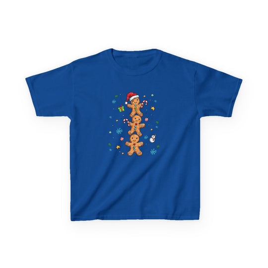 Gingerbread Stack Kids Tee features stacked gingerbread men with Santa hat, candy canes, and holiday motifs on a bright blue T-shirt.