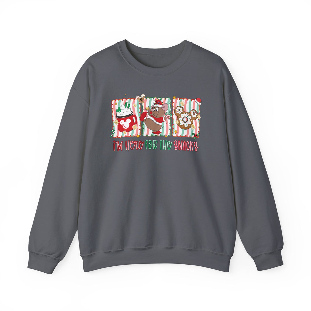 Here for the Snacks Crew sweatshirt showcases a holiday graphic of festive treats and a chipmunk, celebrating cozy comfort and style.
