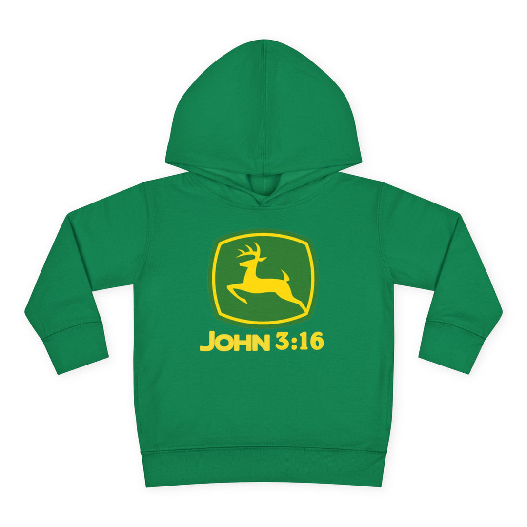 John 3:16 Toddler Hoodie with yellow leaping-deer emblem, jersey-lined hood, and side pockets, designed for comfort and durability. Available in sizes 2T to 5-6T.