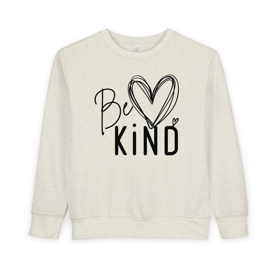 Be Kind Toddler Crew: Cream crewneck sweatshirt featuring 'Be Kind' design with heart graphic, offering warmth and comfort for toddlers.