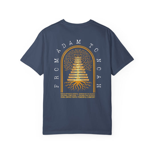 Navy-blue Adam to Noah Tree Tee with gold biblical family tree graphic, featuring names from Adam to Noah and a scriptural quote below.