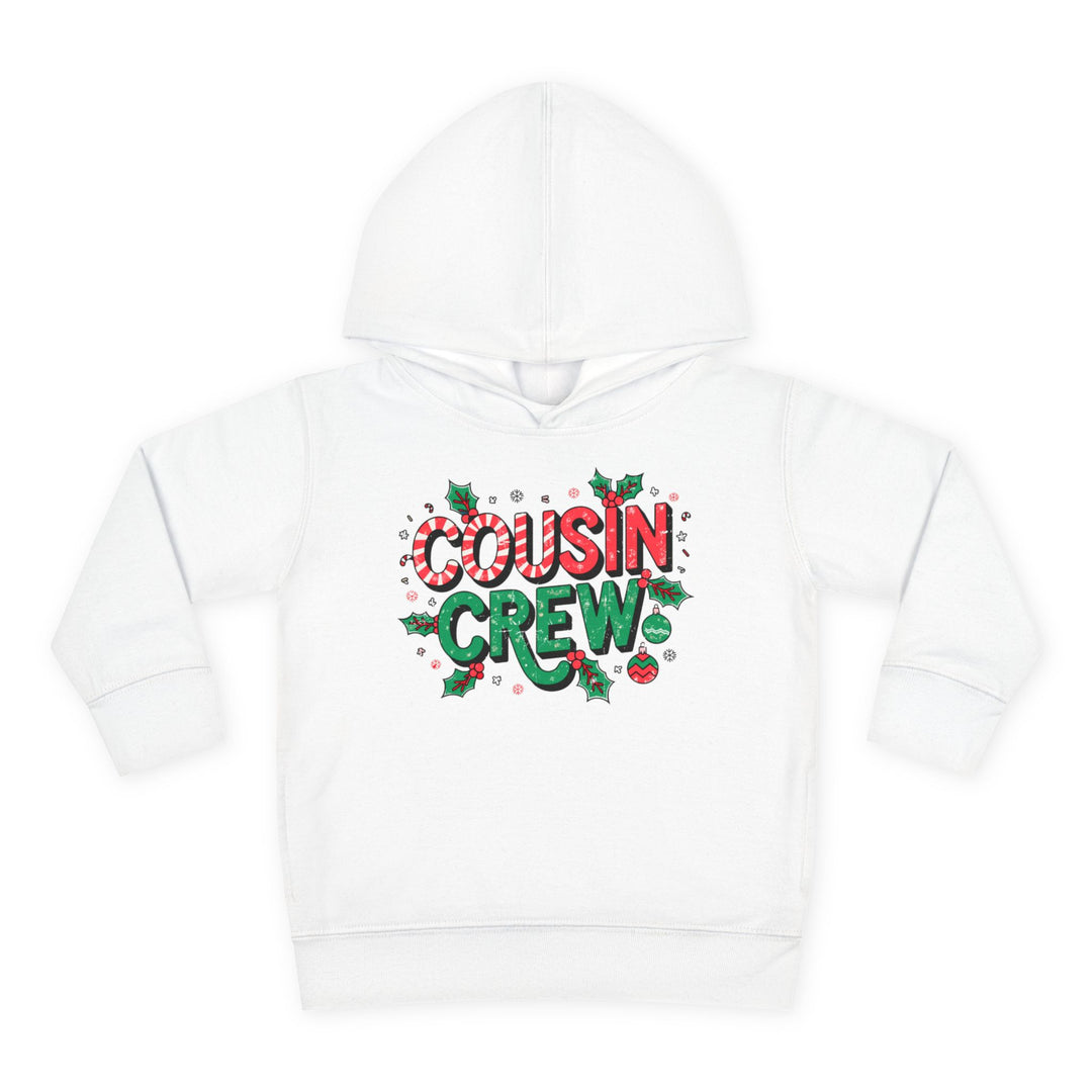 Cousin Crew Christmas Toddler Hoodie with festive candy cane and holly graphic, designed for comfort and durability with jersey-lined hood and cover-stitched details.