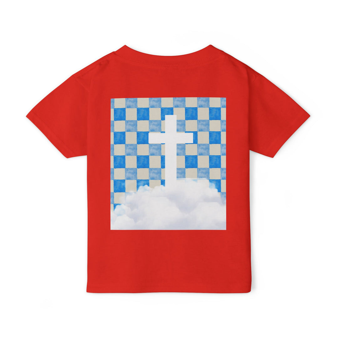 Heavy Cotton™ Toddler T-shirt with a checkerboard watercolor-print, featuring a white Christian cross emerging from clouds, on the back. Made from soft, eco-friendly cotton.
