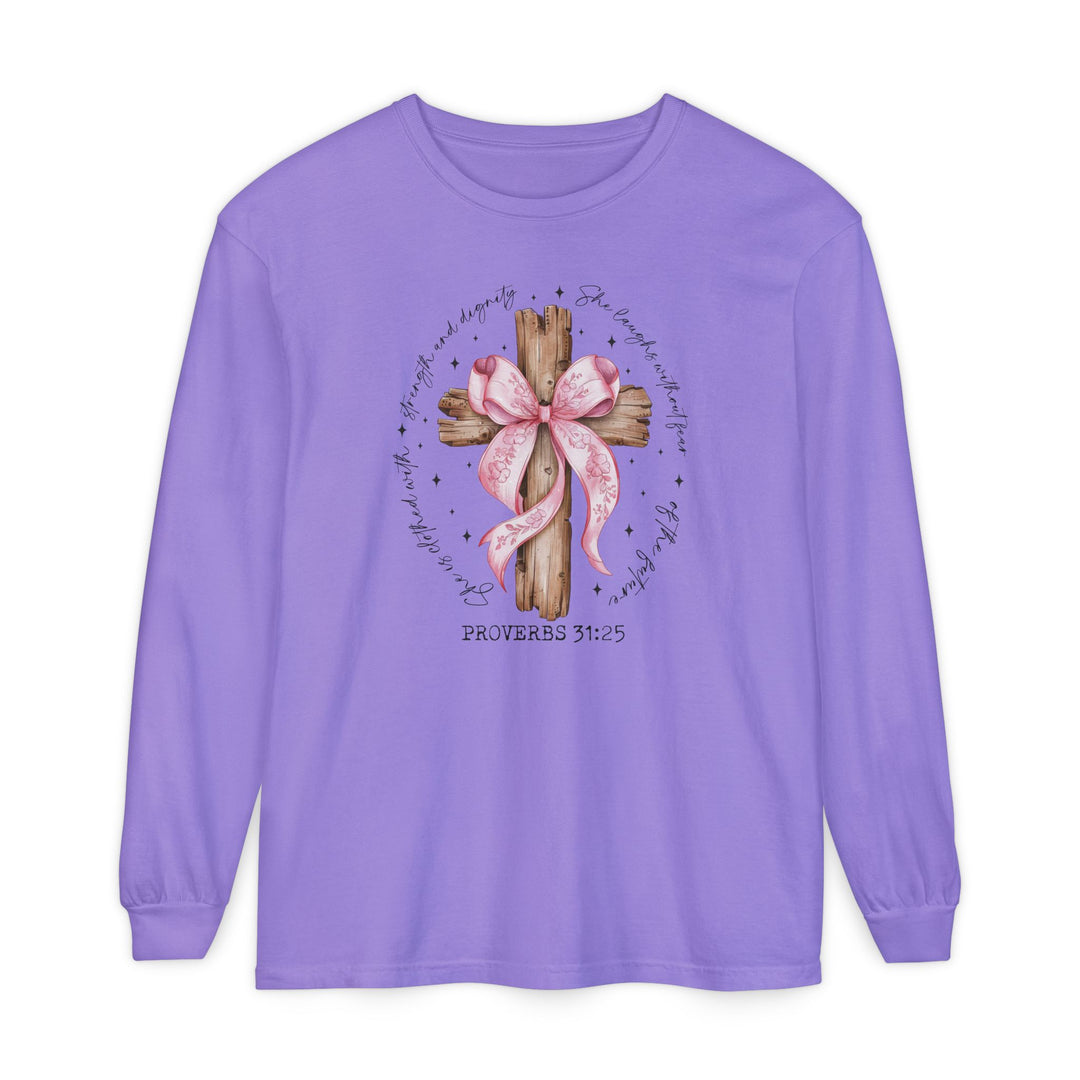 Proverbs 31:25 Long Sleeve Tee featuring a rustic cross with floral ribbon, inspiring script, and Bible reference, crafted from soft, 100% ring-spun cotton for comfort.