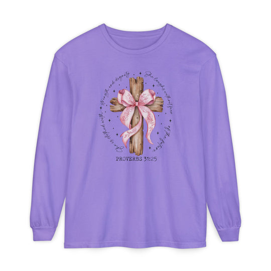 Proverbs 31:25 Long Sleeve Tee featuring a rustic cross with floral ribbon, inspiring script, and Bible reference, crafted from soft, 100% ring-spun cotton for comfort.