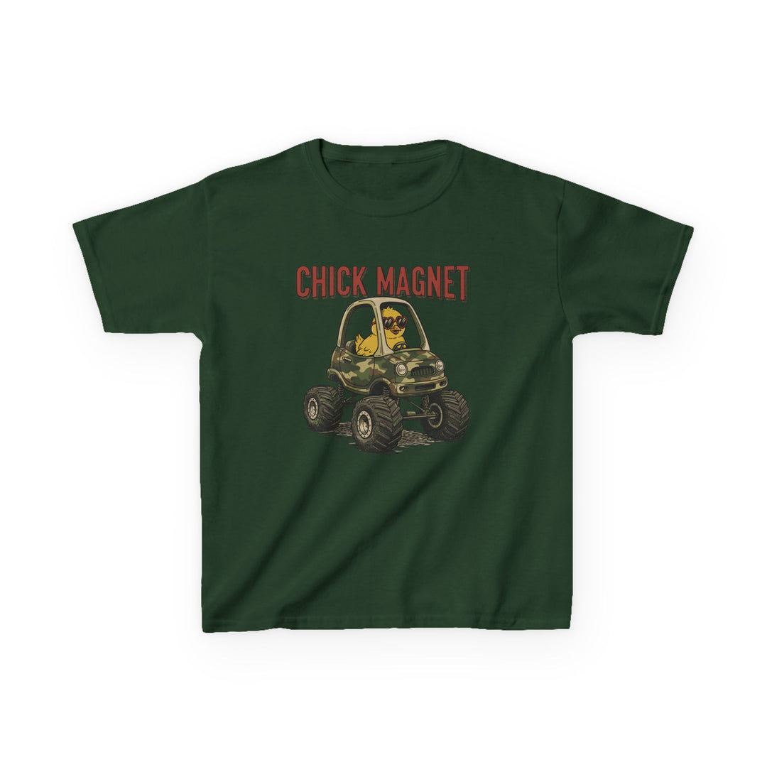 Chick Magnet Kids Tee: Dark green T-shirt featuring a cartoon chick in sunglasses driving a camo monster toy car with CHICK MAGNET text above.