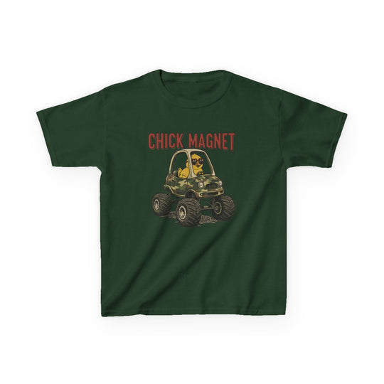 Chick Magnet Kids Tee: Dark green T-shirt featuring a cartoon chick in sunglasses driving a camo monster toy car with CHICK MAGNET text above.