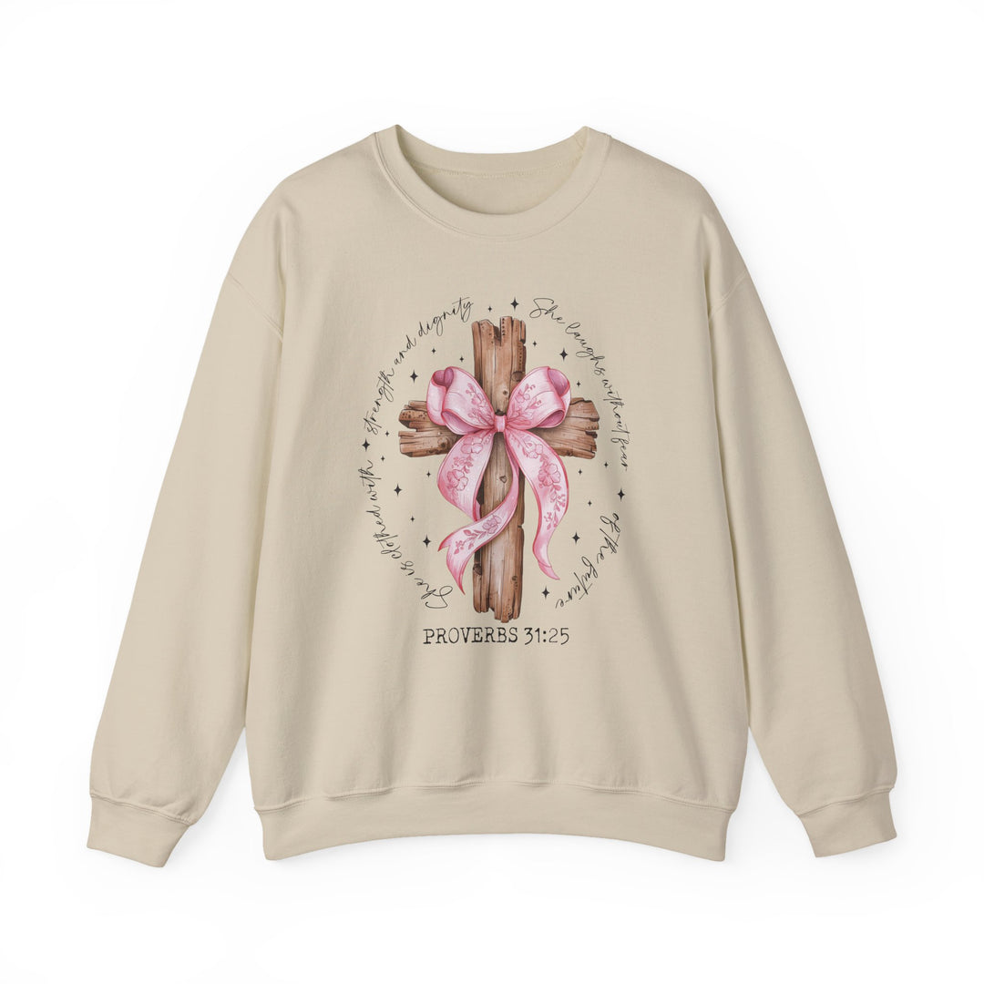 Proverbs 31:25 Crew sweatshirt with rustic cross tied by pink ribbon and biblical verse encircling it. Comfortable, unisex fit with polyester-cotton blend, ribbed knit collar.