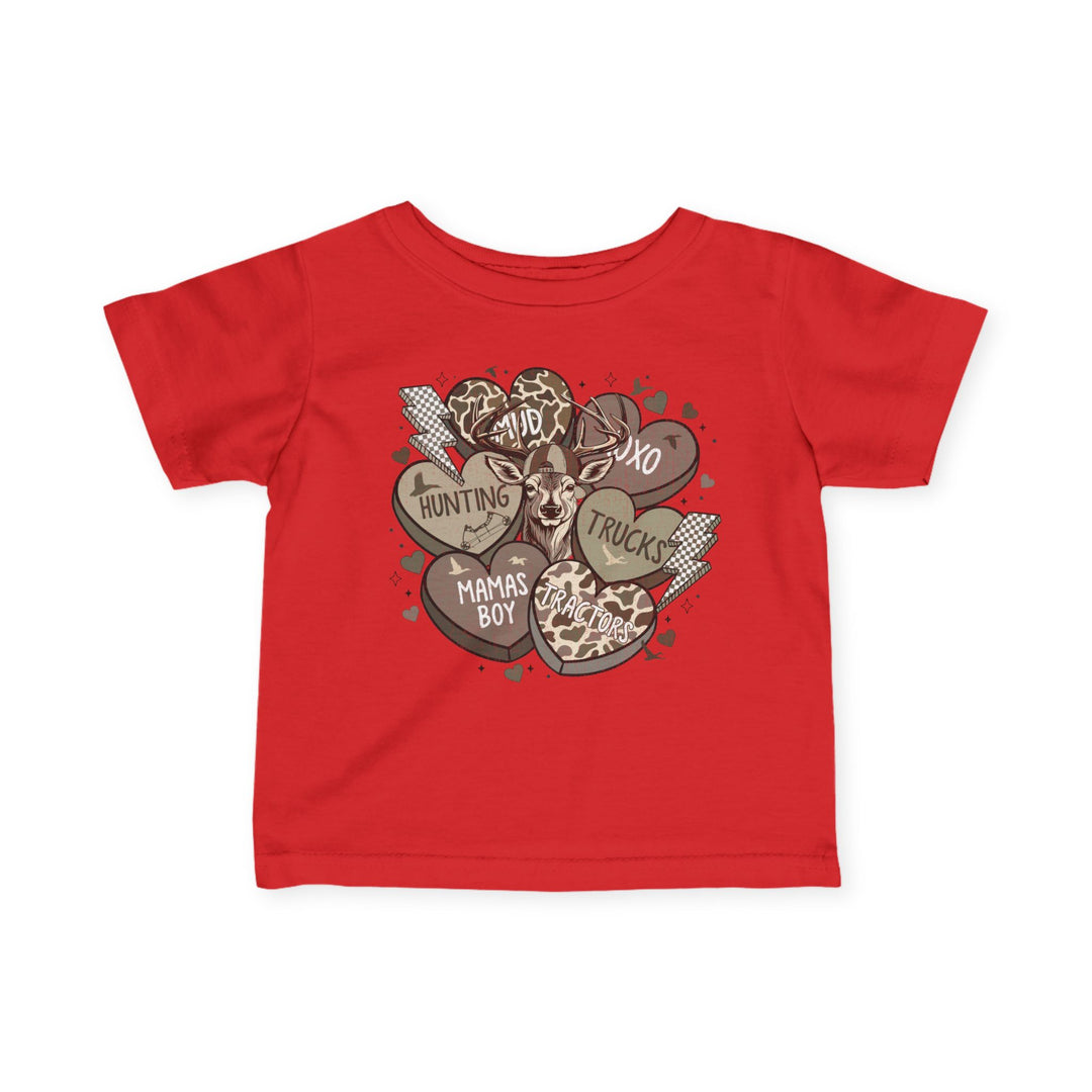 Boy Valentine Baby Tee with a stylized deer head and themed hearts, featuring words like MUD and TRACTORS, designed for toddler comfort and durability.