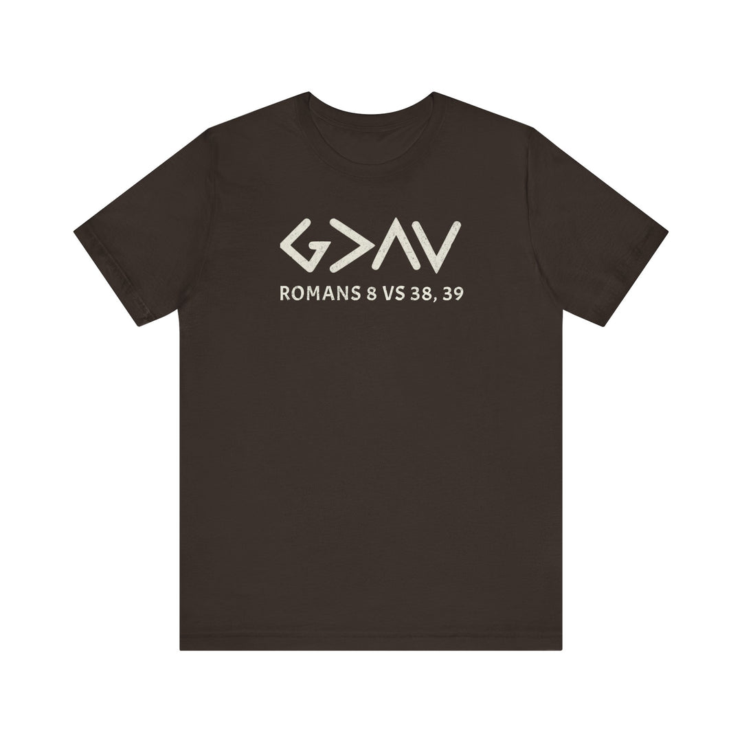God is Greater Tee: Black unisex t-shirt featuring bold white text, soft cotton, ribbed knit collar, and durable dual side seams for a comfortable fit.