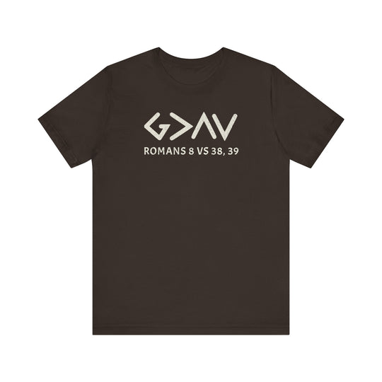 God is Greater Tee: Black unisex t-shirt featuring bold white text, soft cotton, ribbed knit collar, and durable dual side seams for a comfortable fit.