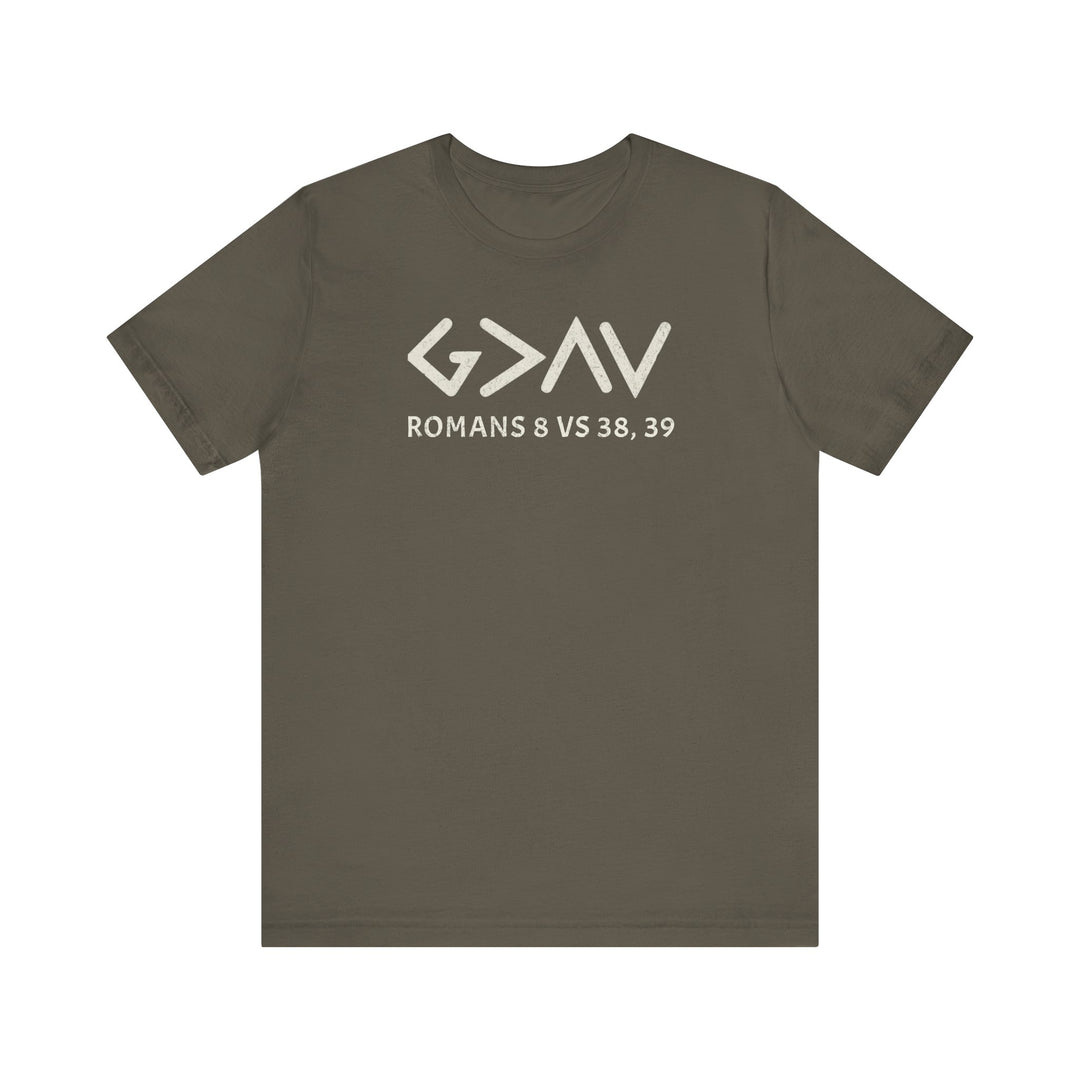 God is Greater Tee featuring white text on a grey t-shirt, made from soft cotton, offering a comfortable fit with ribbed knit collars and durable seams.