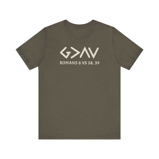 God is Greater Tee featuring white text on a grey t-shirt, made from soft cotton, offering a comfortable fit with ribbed knit collars and durable seams.